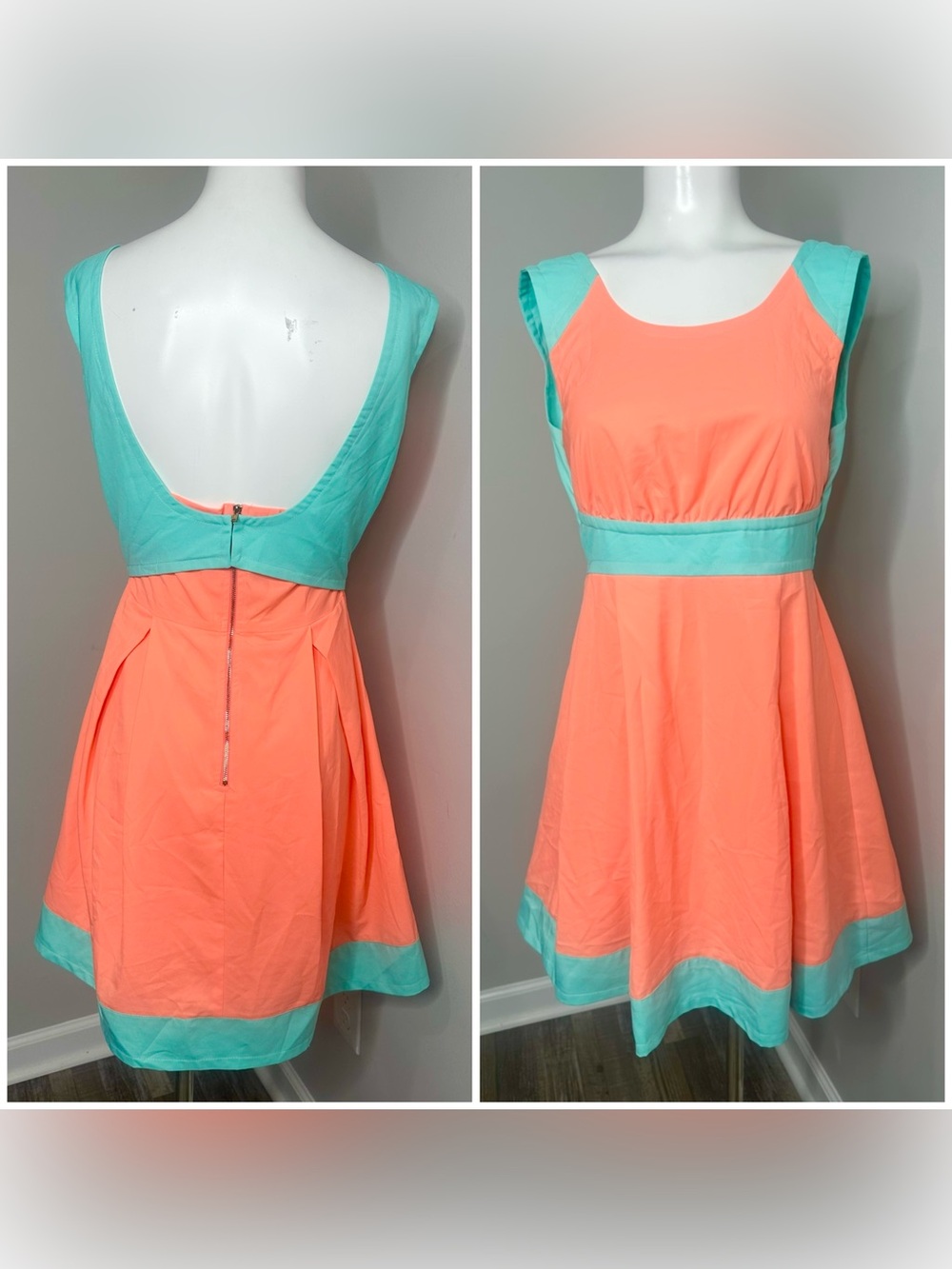 C. Luce Coral and Aqua Fit-and-Flare Backless Dress- m